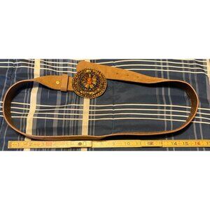 Olga Santini Genuine Leather Belt Beaded Boho Round Buckle & Neutral Tones